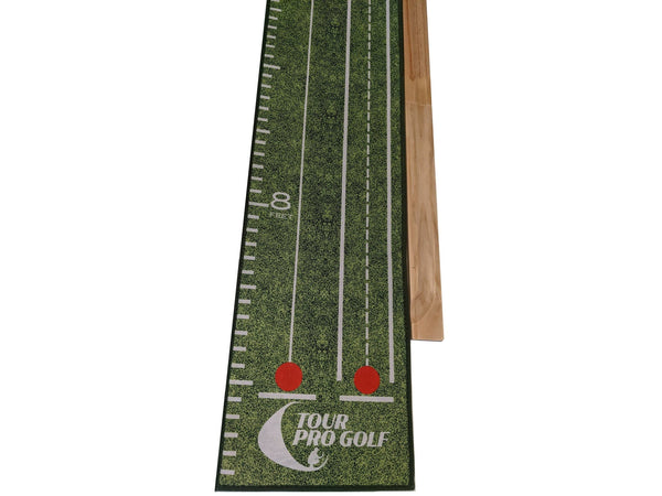 The Tour Pro Golf Putting Mat is packed with essential aids for alignment to perfect your start line, lines to check the putter face is square to target, red circles to ensure consistent eye position over the ball, tracking lines to the hole and distance markers. 